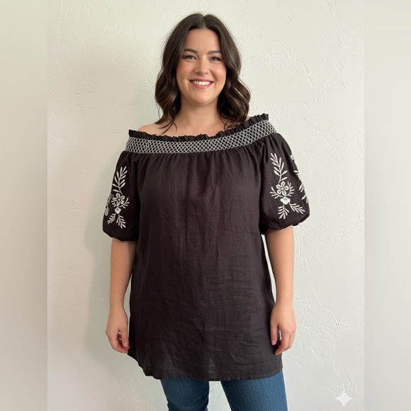 Vince Camuto Black Off Shoulder Embroidered Tunic Top XL - Picture 1 of 8